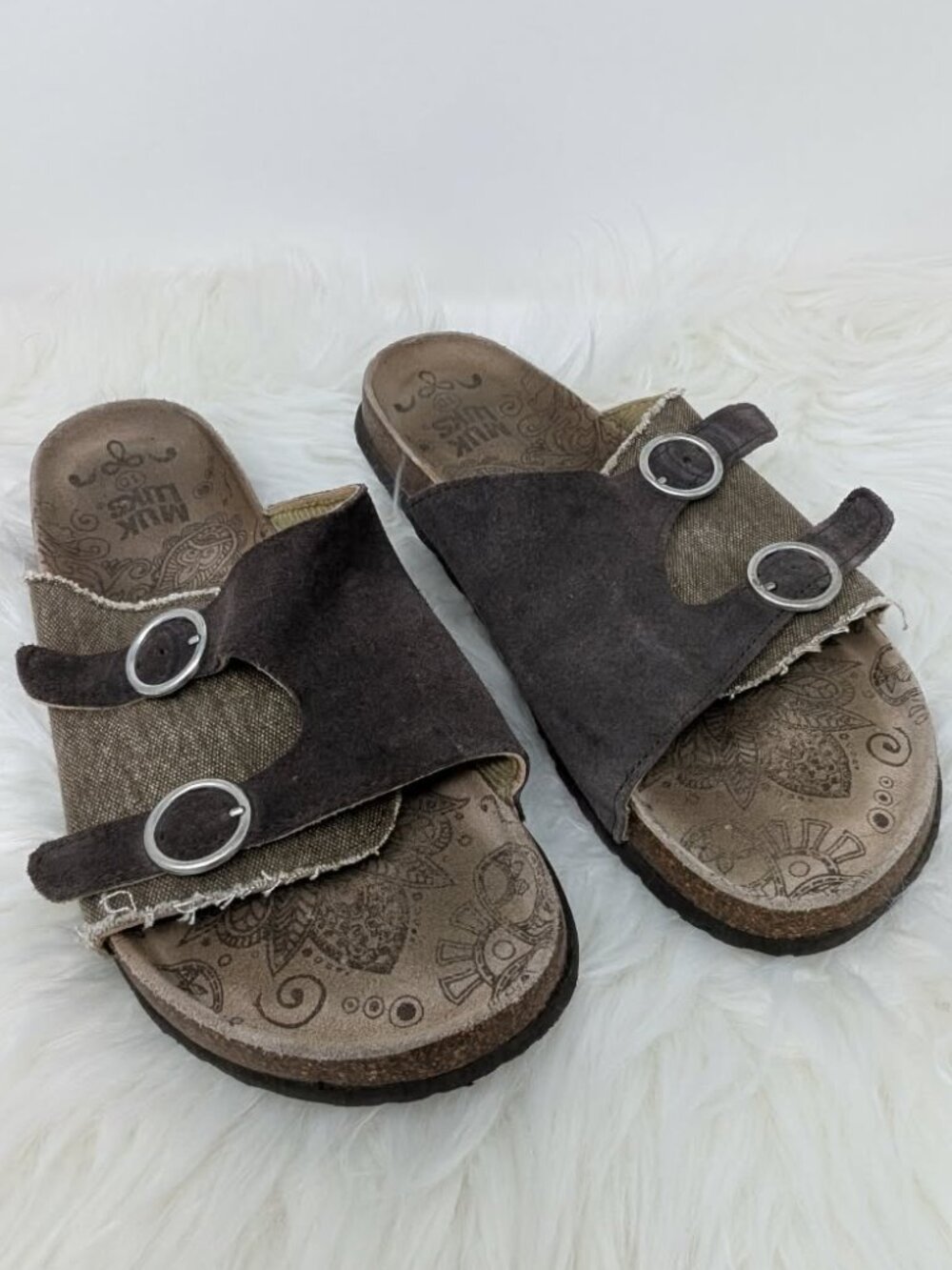 Muk Luks "Valerie Terra Turf" Sandals/Slides, Brown, Sz 10